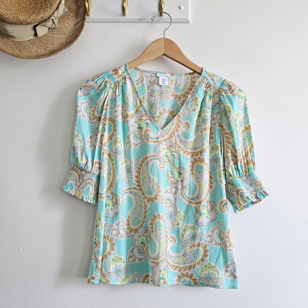 🌿 Sigrid Olsen XS Turquoise Paisley V Neck Blouse Smocked Puff Sleeve Boho Top